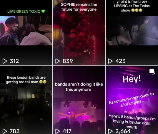 Grid of gig videos, the top one at 2,664 views